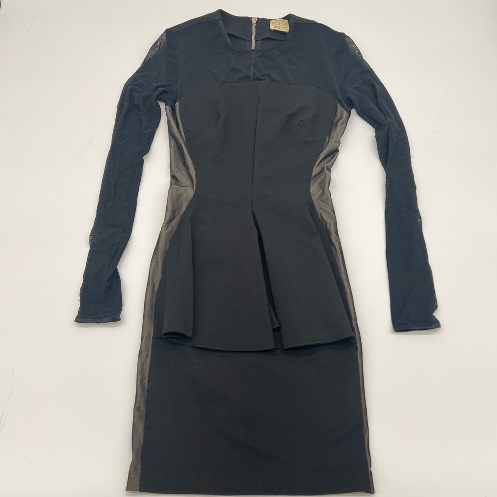Torn by Ronny Kobo Black Long Mesh‎ Sleeve Peplum Bodycon Dress Size Small